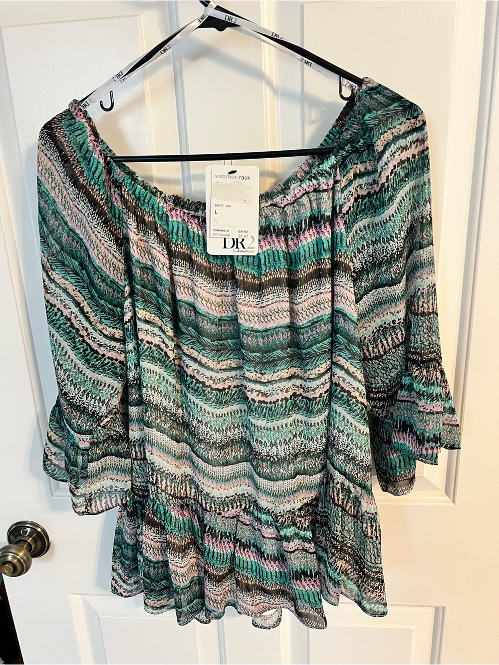 DR2 Green Multi-Pattern Off-Shoulder Tunic NWT